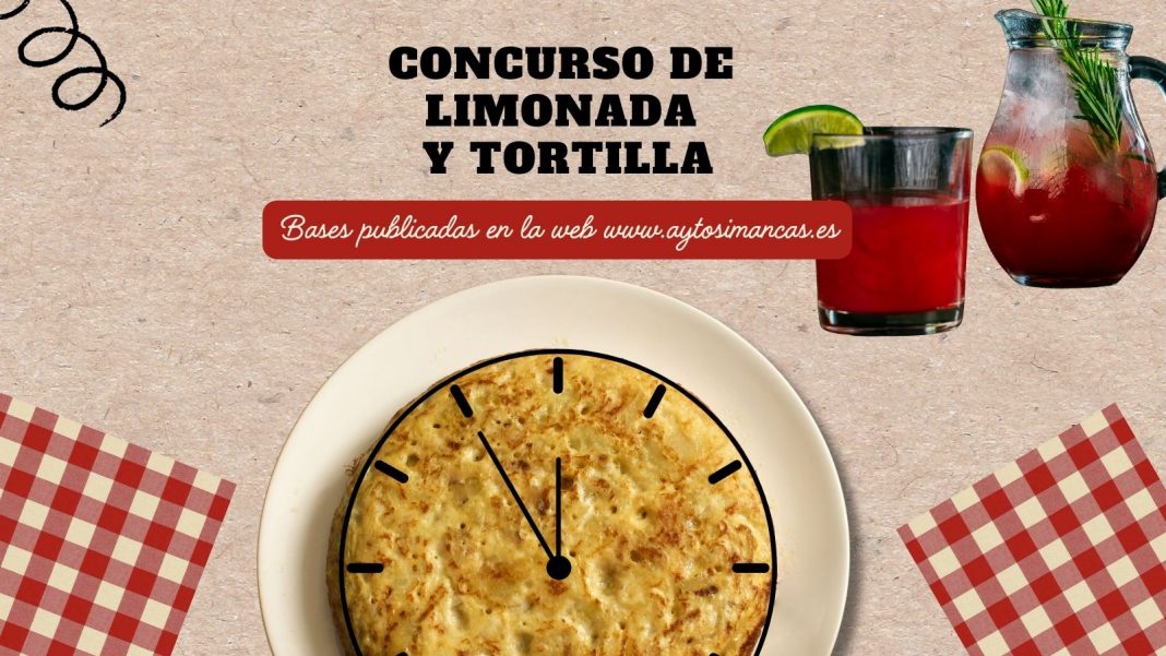 Cartel del Concurso de Tortillas y Limonada en Simancas, con una tortilla en forma de reloj y una jarra de limonada roja con rodajas de limón.