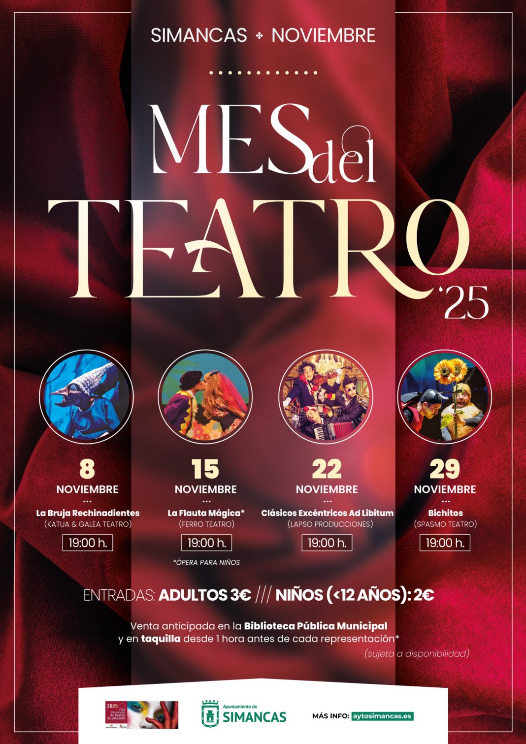 Mes del Teatro 2025 en Simancas Cartel del Mes del Teatro 2025 en Simancas, con la programación de cuatro espectáculos familiares en noviembre en el Centro Cultural La Vaguada.