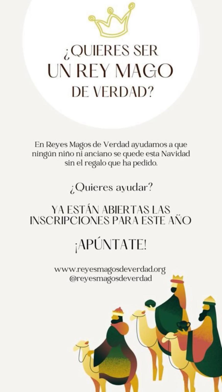 Cartel de la iniciativa “Reyes Magos de Verdad” con texto invitando a inscribirse para regalar un detalle a niños y personas mayores en Navidad. Incluye ilustración de los Reyes Magos con camellos.