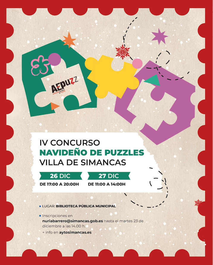 Cartel del IV Concurso Navideño de Puzzles Villa de Simancas con piezas de puzzle navideñas, fechas 26 y 27 de diciembre, horarios y datos de inscripción en la Biblioteca Pública Municipal.