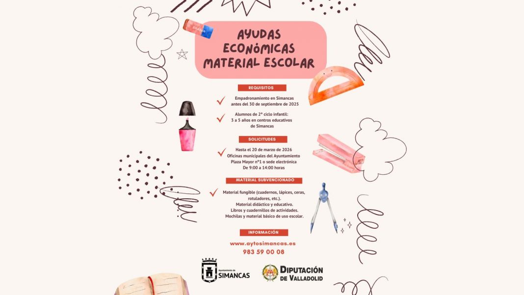 Cartel del Ayuntamiento de Simancas sobre ayudas económicas para material escolar en Educación Infantil curso 2025-2026