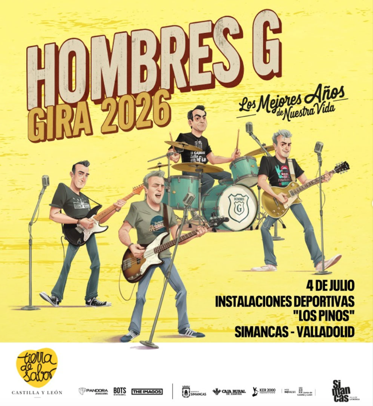 Cartel del concierto de Hombres G en Simancas el 4 de julio de 2026 en las Instalaciones Deportivas Los Pinos.