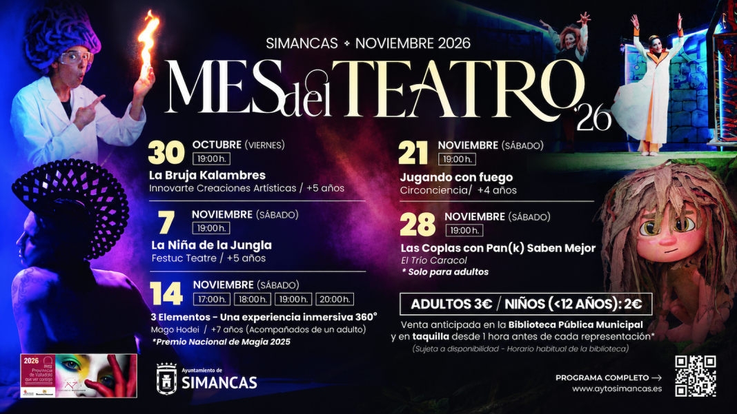 Cartel del Mes del Teatro 2026 de Simancas, con cinco espectáculos programados entre el 30 de octubre y el 28 de noviembre. Incluye teatro familiar, magia inmersiva, circo y propuestas para adultos, organizadas por el Ayuntamiento de Simancas.
